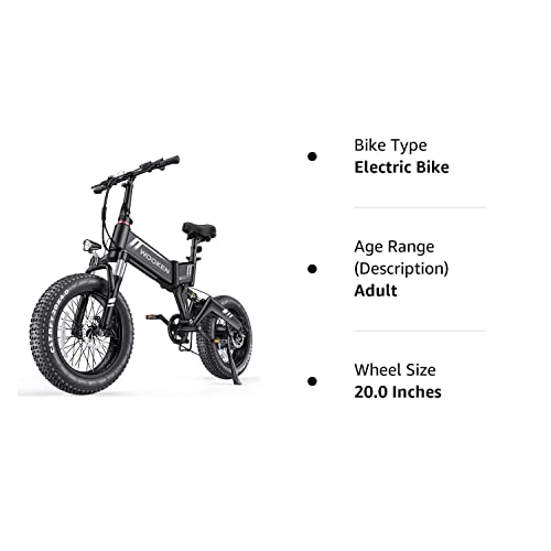 Wooken Electric Bike, 20'' Fat Tire for Adults, 500W Folding with 48V 10Ah Battery, Shimano 7 Speed Gears, Dual Shock Absorber, 20MPH Ebike Commute Mountain Beach Snow.