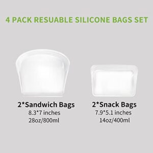 KVK Reusable Silicone Bags for Food Storage, 4 Pack Heavy Duty Silicone Ziplock Bags, Leakproof Reusable Sandwich Bags, Snack Bags, Oven Safe, Microwave Safe, Dishwasher Safe, Food Grade, Clear