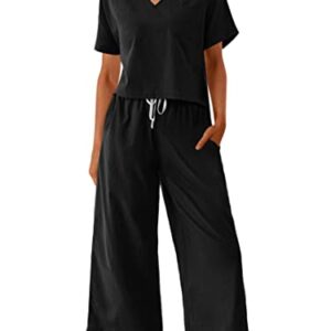 Ekouaer Womens Short Sleeve Top Wide Leg Pants Sleepwear Cotton Linen Loungewear Pajama Set, Black, Medium