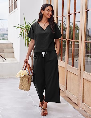 Ekouaer Womens Short Sleeve Top Wide Leg Pants Sleepwear Cotton Linen Loungewear Pajama Set, Black, Medium