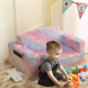 Truwelby Kids Sofa, Glow in The Dark Toddler Chairs Children's Extra Wide Convertible Sofa to Lounger - Extra Soft 2 Seats 2 in 1 Flip Open Chair & Sleeper, Toddler Couch, Kids Sofa Bed