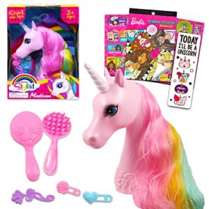 unicorn styling head for girls - bundle with unicorn styling head toy, stickers, unicorn bookmark | unicorn gifts for girls, kids