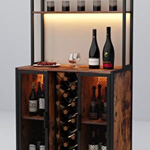 Loomie Wine Bar Cabinet with LED Lights, 5-Tier Industrial Coffee Bar, Buffet Sideboard with Adjustable Shelves, Kitchen Bar Table with Wine Rack Storage and Glass Slots for Liquor and Glasses,Rustic