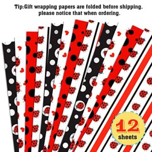 Konsait Ladybug Wrapping Paper Large Sheet Flat Gift Wrapping Paper For Men Women Boys and Girls Wrapping Paper Birthday 4 Different Designs 27.6 x 20.5 Inch - 12 sheets