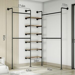 HKaikzo Industrial Pipe Clothes Rack, DÉCOR Wall Mounted Clothing Rack, for Walk-in Wardrobe Multi-Purpose Storage Clothes Hanging Shelf, 2 Installation Methods