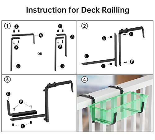 Y&M 4 Pcs Deck Railing Adjustable Planter Box Brackets (6 to 12.5 in), Universal Window Box Brackets, Heavy Duty Iron Flower Box Wall Mounting Hooks for Balcony, Fences, Patio, and Garden - Black