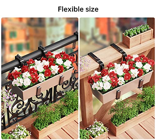 Y&M 4 Pcs Deck Railing Adjustable Planter Box Brackets (6 to 12.5 in), Universal Window Box Brackets, Heavy Duty Iron Flower Box Wall Mounting Hooks for Balcony, Fences, Patio, and Garden - Black