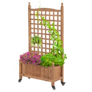 idzo raised garden bed with trellis, durable oil coated planter with trellis, 50 inches height vertical gardens outdoors with lockable wheels and convenient non woven lining