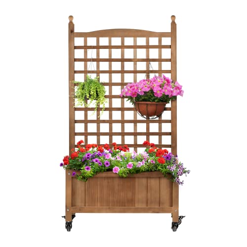 Idzo Raised Garden Bed with Trellis, Durable Oil Coated Planter with Trellis, 50 Inches Height Vertical Gardens Outdoors with Lockable Wheels and Convenient Non Woven Lining
