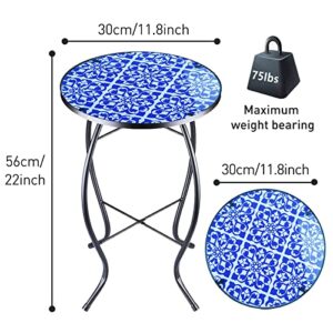 Patio Side Table Outdoor Mosaic Table Accent Coffee Table,Plant End Table Small Porch Blue-White Table Indoor,Round Glass Balcony Small Porch Plant Table Stands for Garden Patio Living Room 14 Inch
