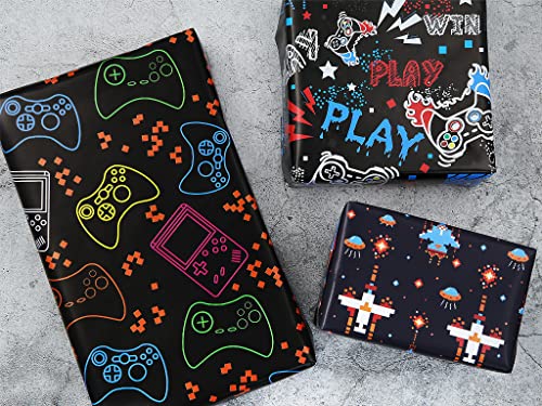 Gaming Birthday Wrapping Paper for Kids Boys Girls Video Game Lover, 4 Style Video Game Wrapping Paper, 8 Sheets Folded Flat 20x28 Inches Per Sheet