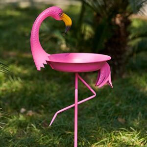 smqljxc 12.6" w*39.4" h flamingo bird baths for outdoor, metal bird bath bowl, bird feeder or drinker plate with metal stake, home garden lawn yard decor