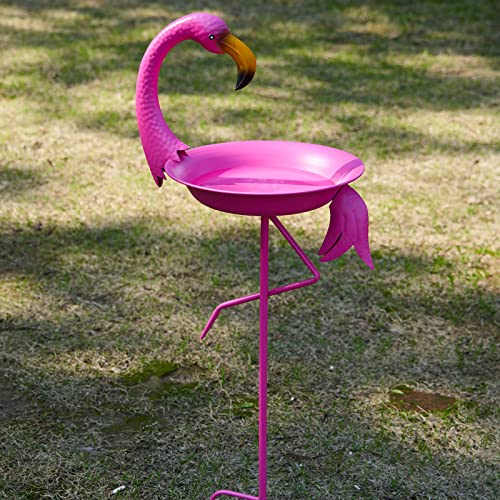 SMQLJXC 12.6" W*39.4" H Flamingo Bird Baths for Outdoor, Metal Bird Bath Bowl, Bird Feeder or Drinker Plate with Metal Stake, Home Garden Lawn Yard Decor