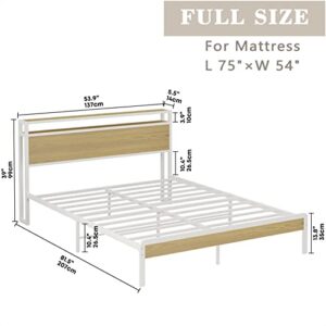 LIKIMIO Full Size Bed Frame, Platform Bed Frame with 2-Tier Storage Headboard, Solid and Stable, Noise Free, No Box Spring Needed, Easy Assembly, White and Log
