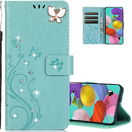 LEMAXELERS Case for Samsung A04, Galaxy A04 Wallet Case PU Leather Flip Folio Case with [Kickstand Feature] and [Card Slots] Cover for Samsung Galaxy A04 Green Bling Butterfly GH