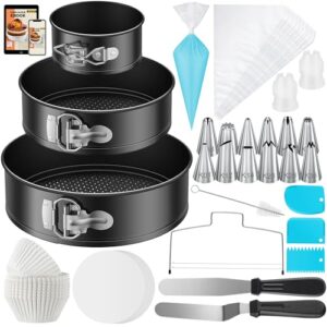 kootek 144pcs cake pan set with ebook, cake decorating supplies with 3 round nonstick removable base bakeware springform pans (4" 7" 9"), numbered piping tips and other baking supplies for cheesecake
