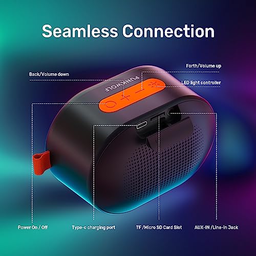 PUNKWOLF Bluetooth Speakers, Wireless Portable Speaker with RGB Lights, Compact Size, Dual Pairing, HD Sound, TWS, Waterproof, Suitable for Mobile Phones, Tablets and Laptops