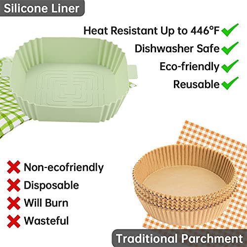 Air Fryer Silicone Liners - Square Shape Air Fryer Baskets 7.7 inches wide - Fit for all 4 to 7 qt size Air Fryers - Lightweight Heat Resistant and Easy to Clean Reusable Pots Inserts (Green, 1)