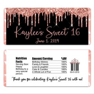 glitter drip personalized candy bar wrappers for chocolate, birthday party favors, hershey bar labels for baby shower, bridal shower, pack of 20 (rose gold/black)