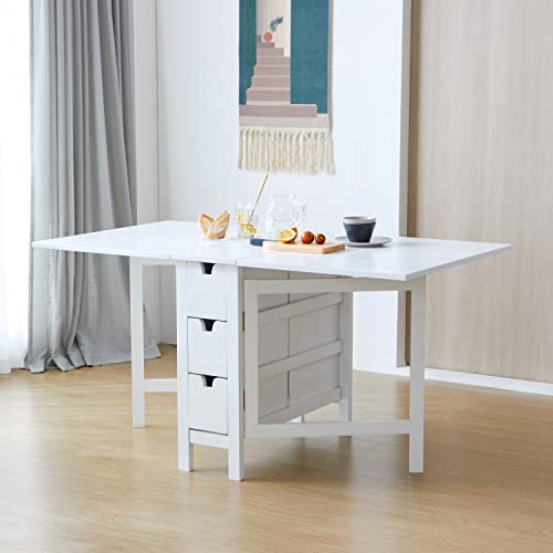 Livinia Wings Gate-Leg Wooden Dining Table, Solid Hardwood Expandable Drop Leaf Space Saving Kitchen Table with 6 Drawers Fully Assembled(White)