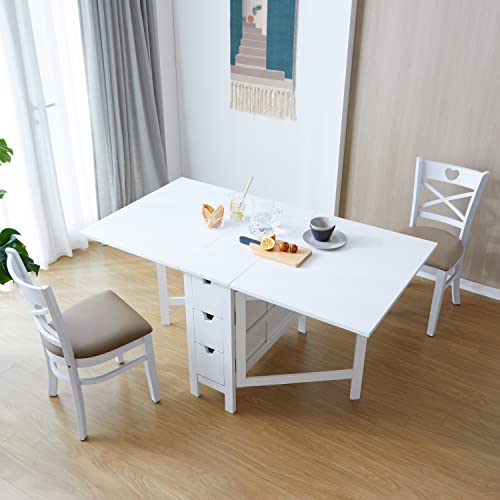 Livinia Wings Gate-Leg Wooden Dining Table, Solid Hardwood Expandable Drop Leaf Space Saving Kitchen Table with 6 Drawers Fully Assembled(White)