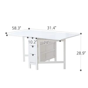 Livinia Wings Gate-Leg Wooden Dining Table, Solid Hardwood Expandable Drop Leaf Space Saving Kitchen Table with 6 Drawers Fully Assembled(White)