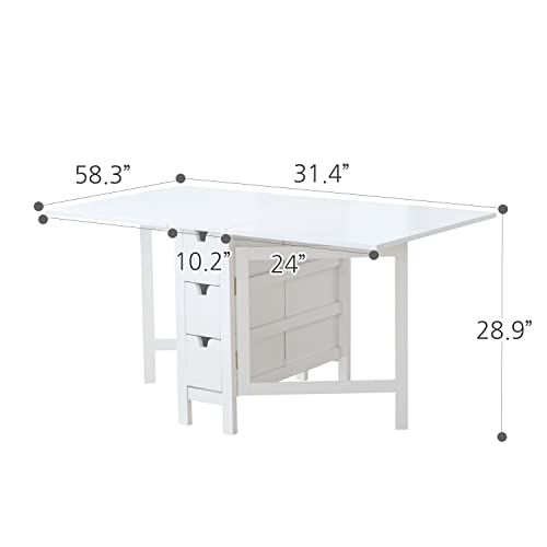 Livinia Wings Gate-Leg Wooden Dining Table, Solid Hardwood Expandable Drop Leaf Space Saving Kitchen Table with 6 Drawers Fully Assembled(White)