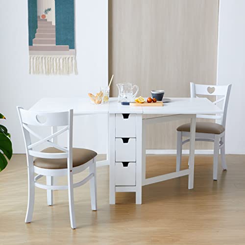 Livinia Wings Gate-Leg Wooden Dining Table, Solid Hardwood Expandable Drop Leaf Space Saving Kitchen Table with 6 Drawers Fully Assembled(White)