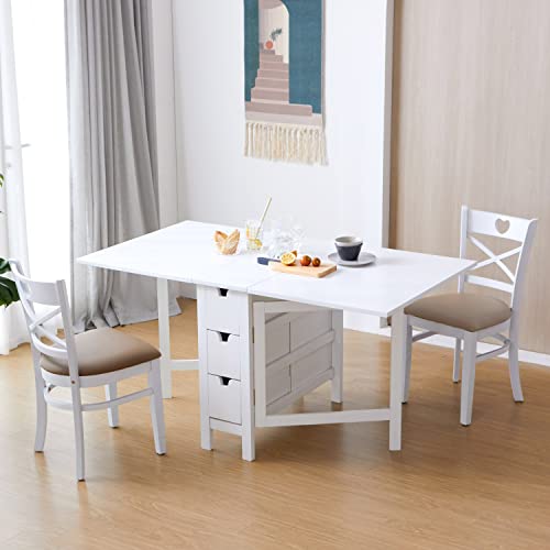 Livinia Wings Gate-Leg Wooden Dining Table, Solid Hardwood Expandable Drop Leaf Space Saving Kitchen Table with 6 Drawers Fully Assembled(White)