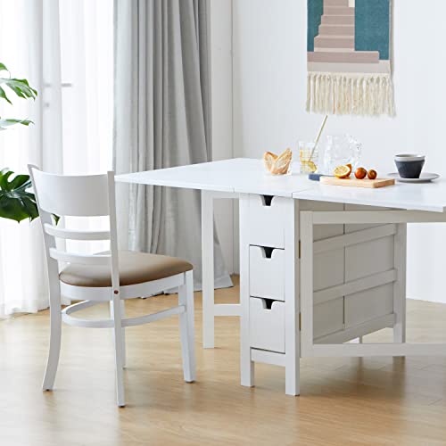 Livinia Wings Gate-Leg Wooden Dining Table, Solid Hardwood Expandable Drop Leaf Space Saving Kitchen Table with 6 Drawers Fully Assembled(White)