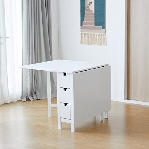 Livinia Wings Gate-Leg Wooden Dining Table, Solid Hardwood Expandable Drop Leaf Space Saving Kitchen Table with 6 Drawers Fully Assembled(White)