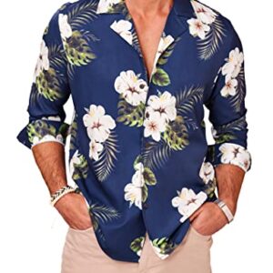 COOFANDY Men Hawaiian Shirts Flower Long Sleeve Beach Shirt Relaxed Fit Tropical Button Up Shirt for Summer Navy Blue XXL