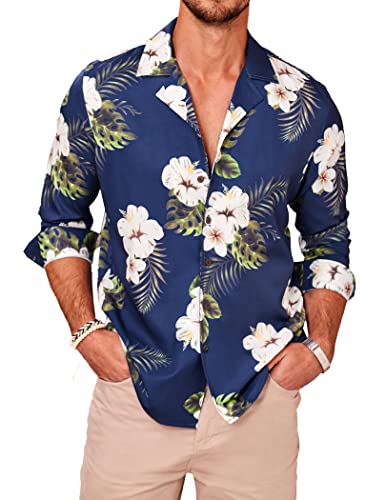 COOFANDY Men Hawaiian Shirts Flower Long Sleeve Beach Shirt Relaxed Fit Tropical Button Up Shirt for Summer Navy Blue XXL