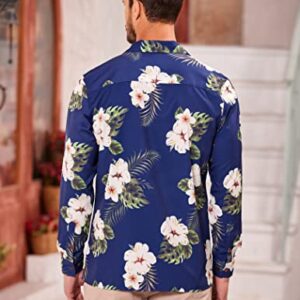 COOFANDY Men Hawaiian Shirts Flower Long Sleeve Beach Shirt Relaxed Fit Tropical Button Up Shirt for Summer Navy Blue XXL