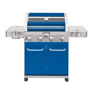 monument grills larger 4-burner propane gas grills stainless steel cabinet style with clear view lid, led controls, built in thermometer, and side & infrared side sear burners, blue