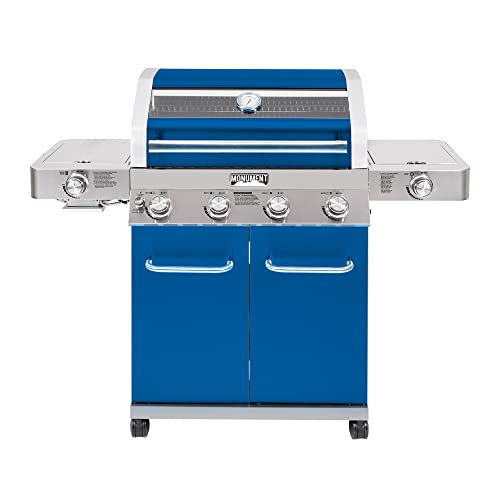 Monument Grills Larger 4-Burner Propane Gas Grills Stainless Steel Cabinet Style with Clear View Lid, LED Controls, Built in Thermometer, and Side & Infrared Side Sear Burners, Blue