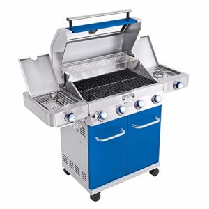 Monument Grills Larger 4-Burner Propane Gas Grills Stainless Steel Cabinet Style with Clear View Lid, LED Controls, Built in Thermometer, and Side & Infrared Side Sear Burners, Blue