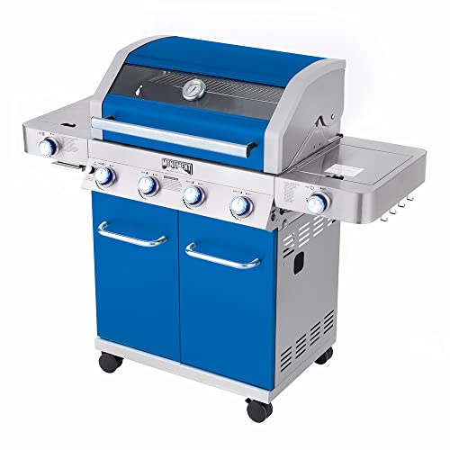Monument Grills Larger 4-Burner Propane Gas Grills Stainless Steel Cabinet Style with Clear View Lid, LED Controls, Built in Thermometer, and Side & Infrared Side Sear Burners, Blue