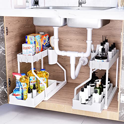 Puricon 2 Pack Under Sink Organizer, 2-Tier L-Shape Sliding Under Sink Organizers and Storage, Under Counter Storage Organizer Pull Out Under Sink Storage for Kitchen Bathroom -White