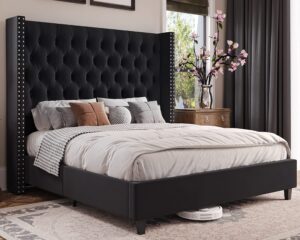 jocisland queen bed frame wingback headboard upholstered bed velvet tufted deep button/no box spring needed/easy assembly/black