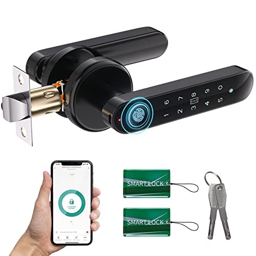 Smart keyless Entry Door Lock - ENOKER 5 in 1 Fingerprint Door Knob Lock with APP/IC Key Cards/Passcode/Backup Keys/ 100 Fingerprints with Keypad Handle for Home Hotel Office Apartment Bedroom