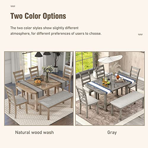 Merax 6-Piece Rubber Dining Table Set with 4 Cushioned Chairs and Bench, Beautiful Wooden Grain Pattern Tabletop, Natural Wood Wash-6pcs