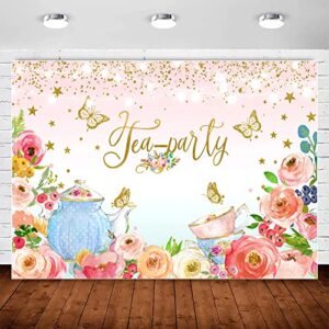 pink floral tea party backdrop glitter gold dots butterfly let's partea photography background for women birthday bridal baby shower decorations girls wonderland party banner photo booth props 10x7ft