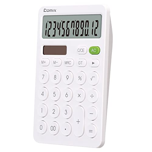 Comix Desktop Calculator with Large LCD Display and Big Button, 12 Digits Baisc Calculator, Standard Calculator, Solar Battery Dual Powered, for Office Home School & Business Use (White)