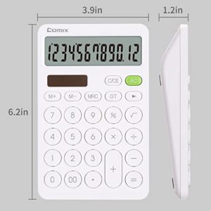 Comix Desktop Calculator with Large LCD Display and Big Button, 12 Digits Baisc Calculator, Standard Calculator, Solar Battery Dual Powered, for Office Home School & Business Use (White)