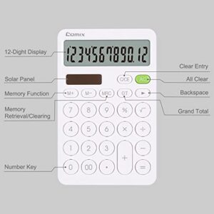 Comix Desktop Calculator with Large LCD Display and Big Button, 12 Digits Baisc Calculator, Standard Calculator, Solar Battery Dual Powered, for Office Home School & Business Use (White)