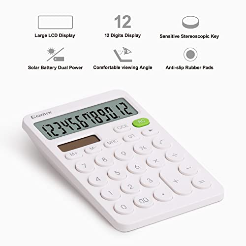 Comix Desktop Calculator with Large LCD Display and Big Button, 12 Digits Baisc Calculator, Standard Calculator, Solar Battery Dual Powered, for Office Home School & Business Use (White)