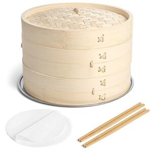 sillion 2-tier 10 inch bamboo steamer basket with stainless steel ring adapter, 2x set of chopsticks, 2x reusable silicone liners | bamboo steamer for cooking ideal for dumplings, rice, fish or vegetables