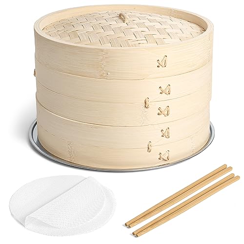 SILLION 2-Tier 10 Inch Bamboo Steamer Basket With Stainless Steel Ring Adapter, 2x Set of Chopsticks, 2x Reusable Silicone Liners | Bamboo Steamer For Cooking Ideal For Dumplings, Rice, Fish or Vegetables