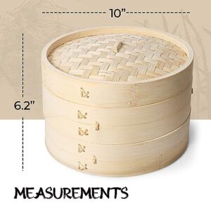 SILLION 2-Tier 10 Inch Bamboo Steamer Basket With Stainless Steel Ring Adapter, 2x Set of Chopsticks, 2x Reusable Silicone Liners | Bamboo Steamer For Cooking Ideal For Dumplings, Rice, Fish or Vegetables